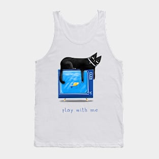 Cartoon black cat with a TV and a fish on the screen and the inscription "Play with me". Tank Top